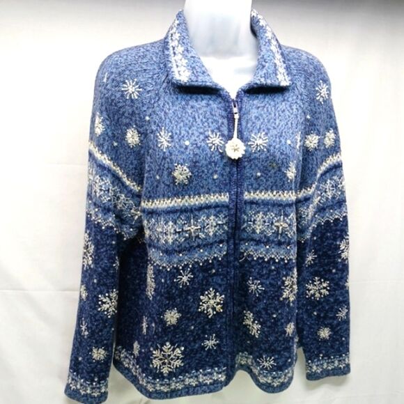 Tiara Internation 2004 Christmas Blue Snowflake Knit Zip-Up Cardigan Women's L.. - Picture 1 of 10